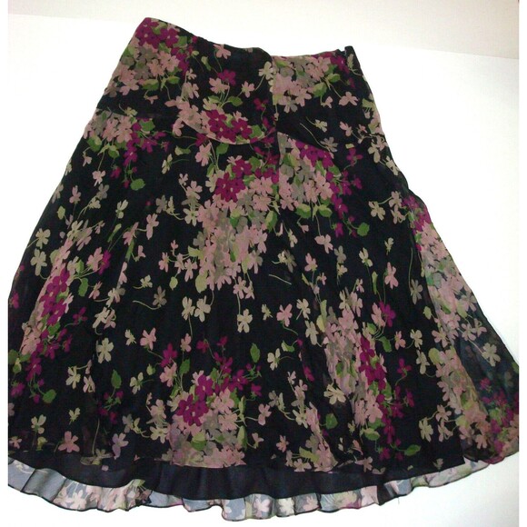 New Womens $125 Ralph Lauren Silk Black Floral Skirt 4 Pink Green Purple Green